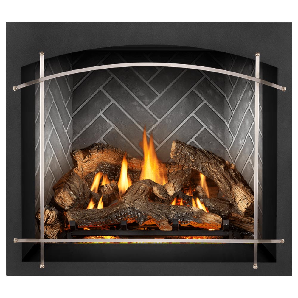 Gas direct-vent fireplace with burning logs, gray geometric back panel, dark frame and arched trim.