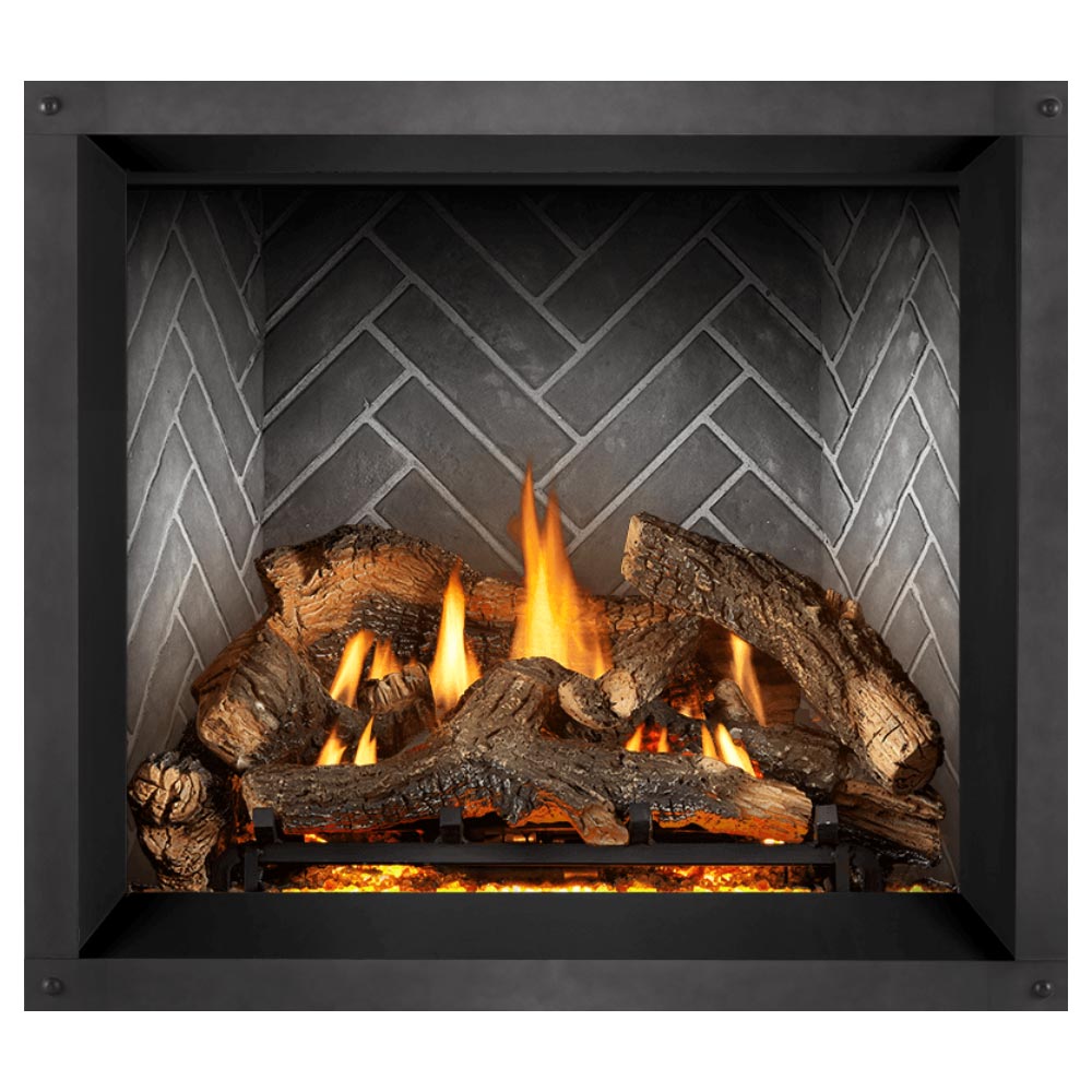 Direct vent gas fireplace, dark surround, burning logs and orange flames behind glass