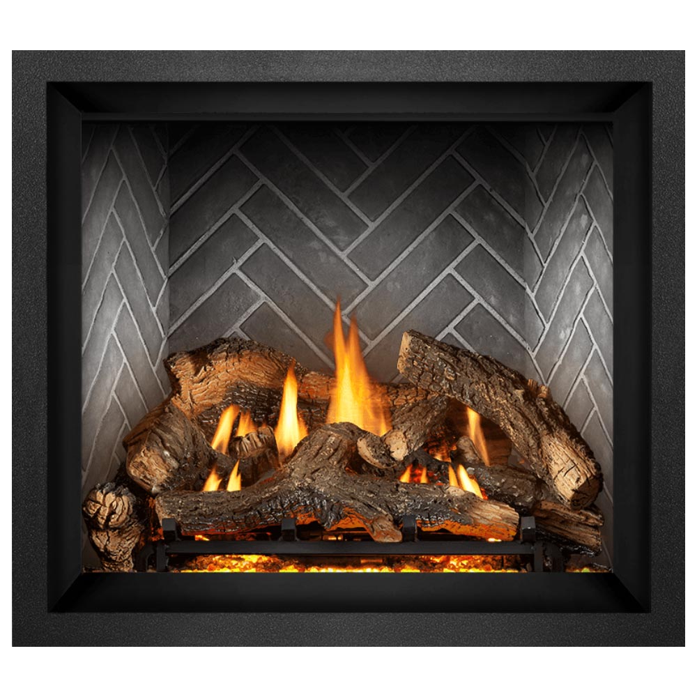 36-inch direct vent gas fireplace with glowing embers, dark logs, and orange flames