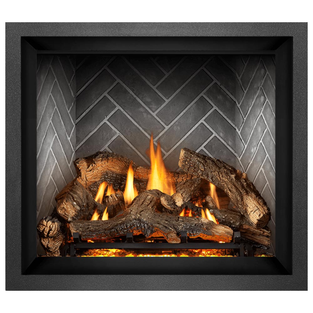 Direct vent gas fireplace with burning logs and orange flames in black firebox