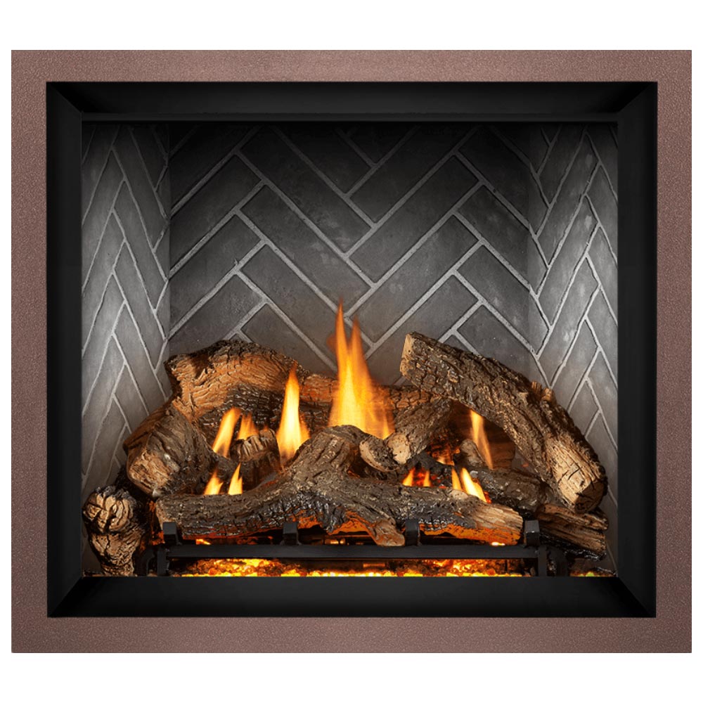 Direct vent gas fireplace with dark surround and burning logs over gray stone tile back
