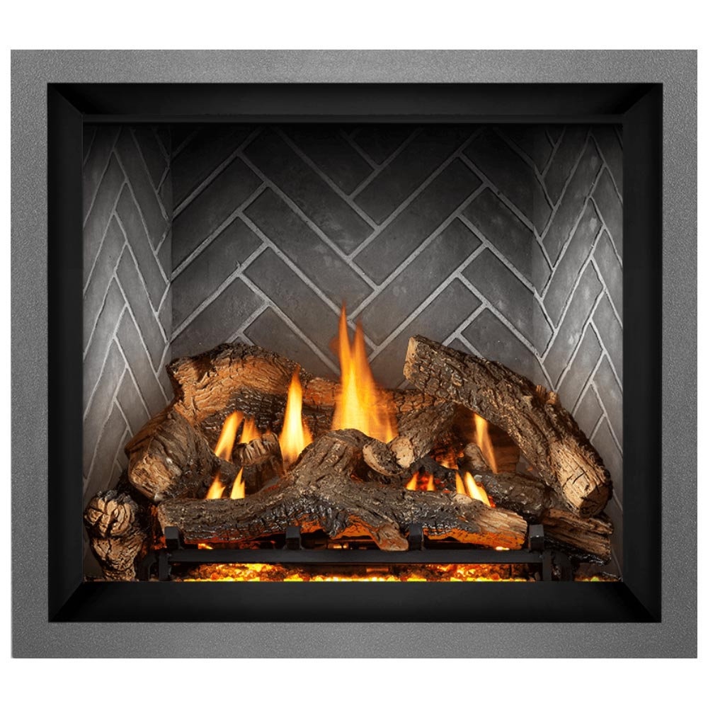 Direct vent gas fireplace with burning logs and flames glowing behind the black frame.
