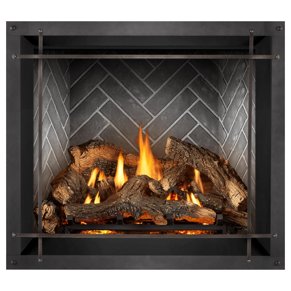 Direct vent gas fireplace with burning log set and dark frame over herringbone back panel