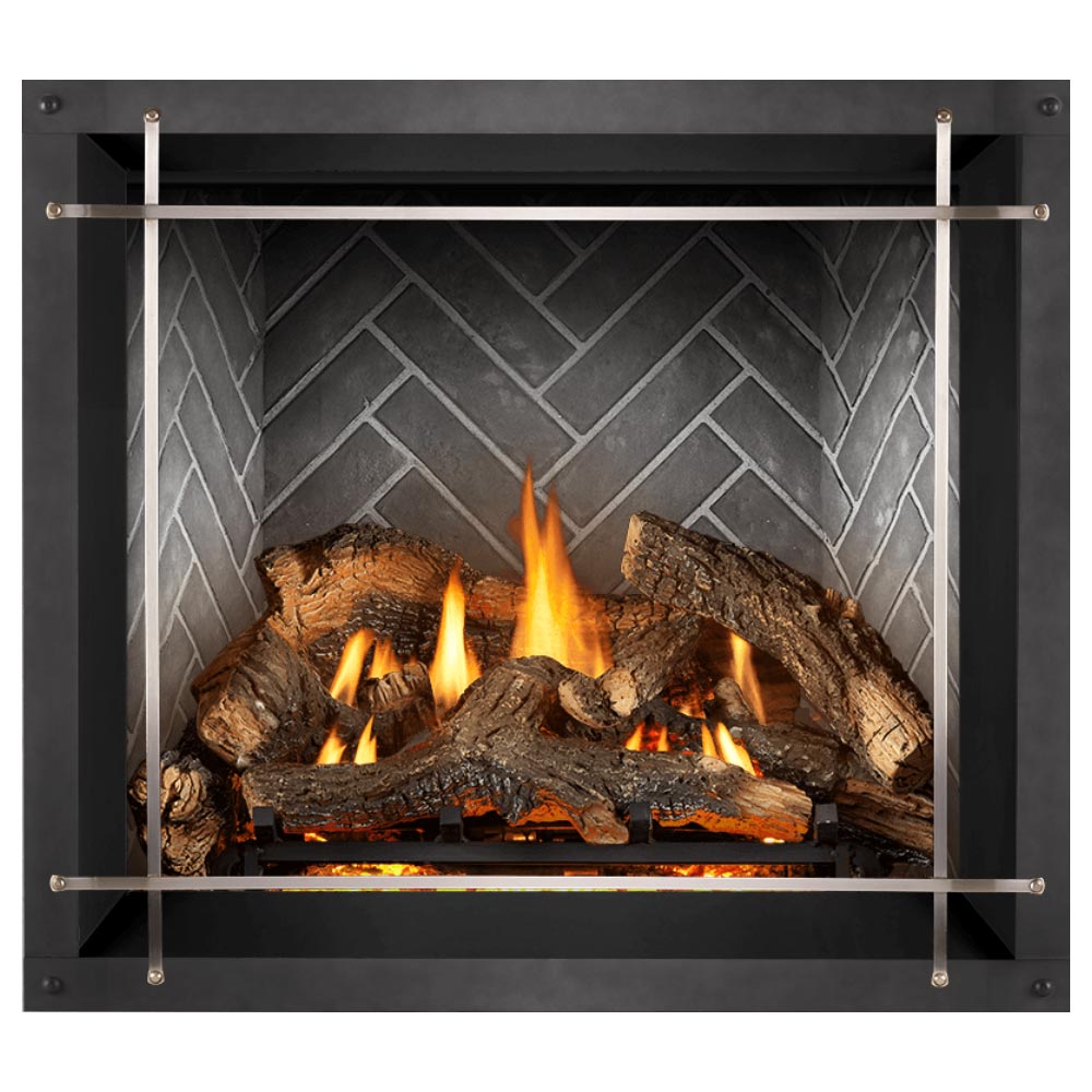Direct vent gas fireplace showing flames and logs against light gray herringbone back panel