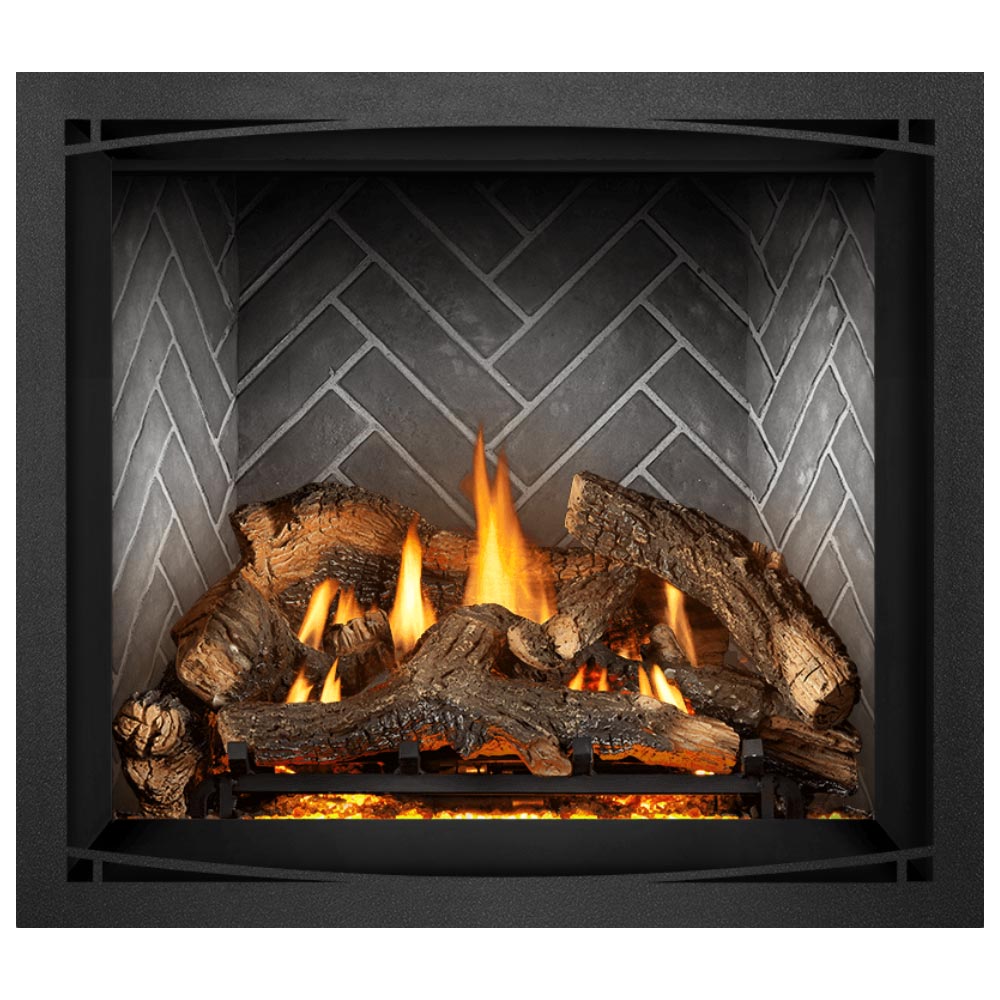 Black direct vent gas fireplace with burning log set and steady flames