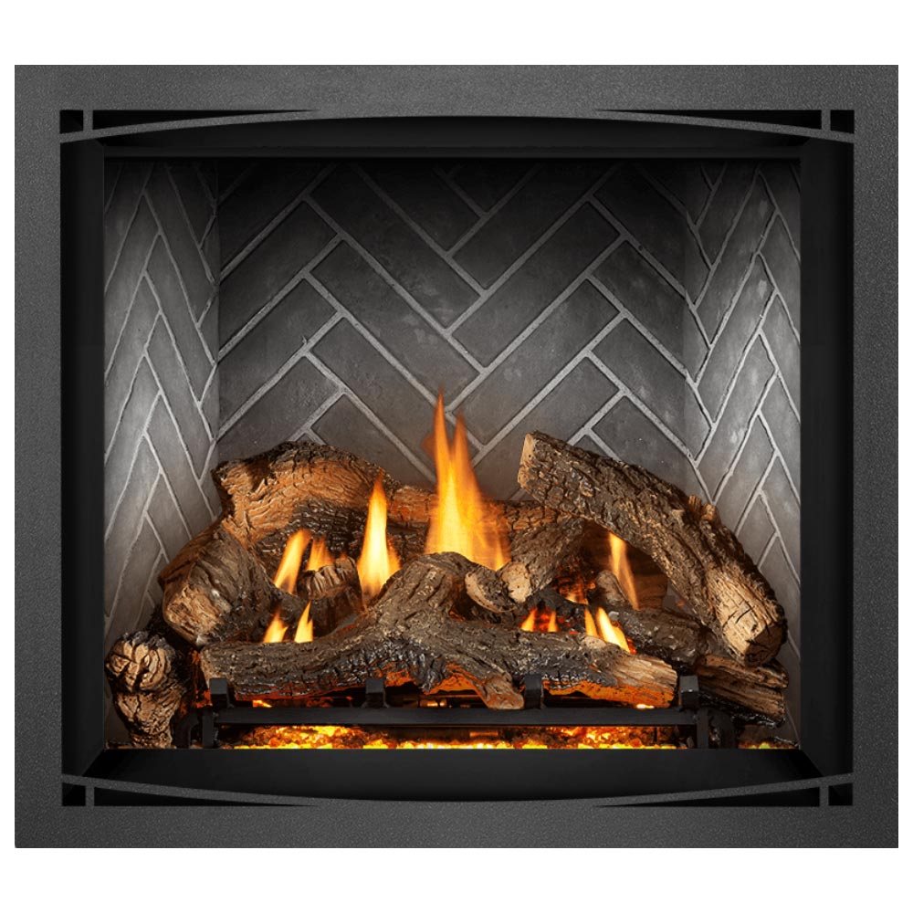 Gas fireplace with burning logs, orange flames, and gray herringbone back panel