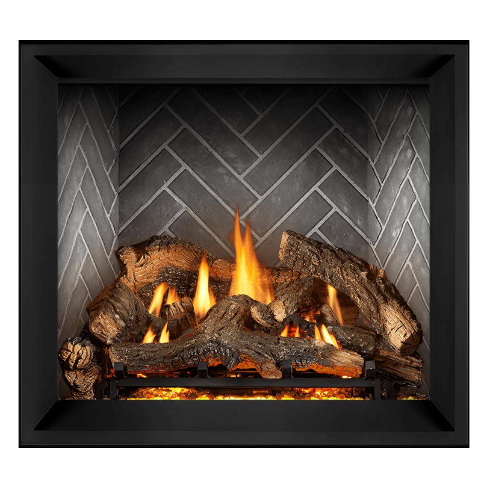 Direct vent gas fireplace with black frame, burning logs, light gray stone back panel