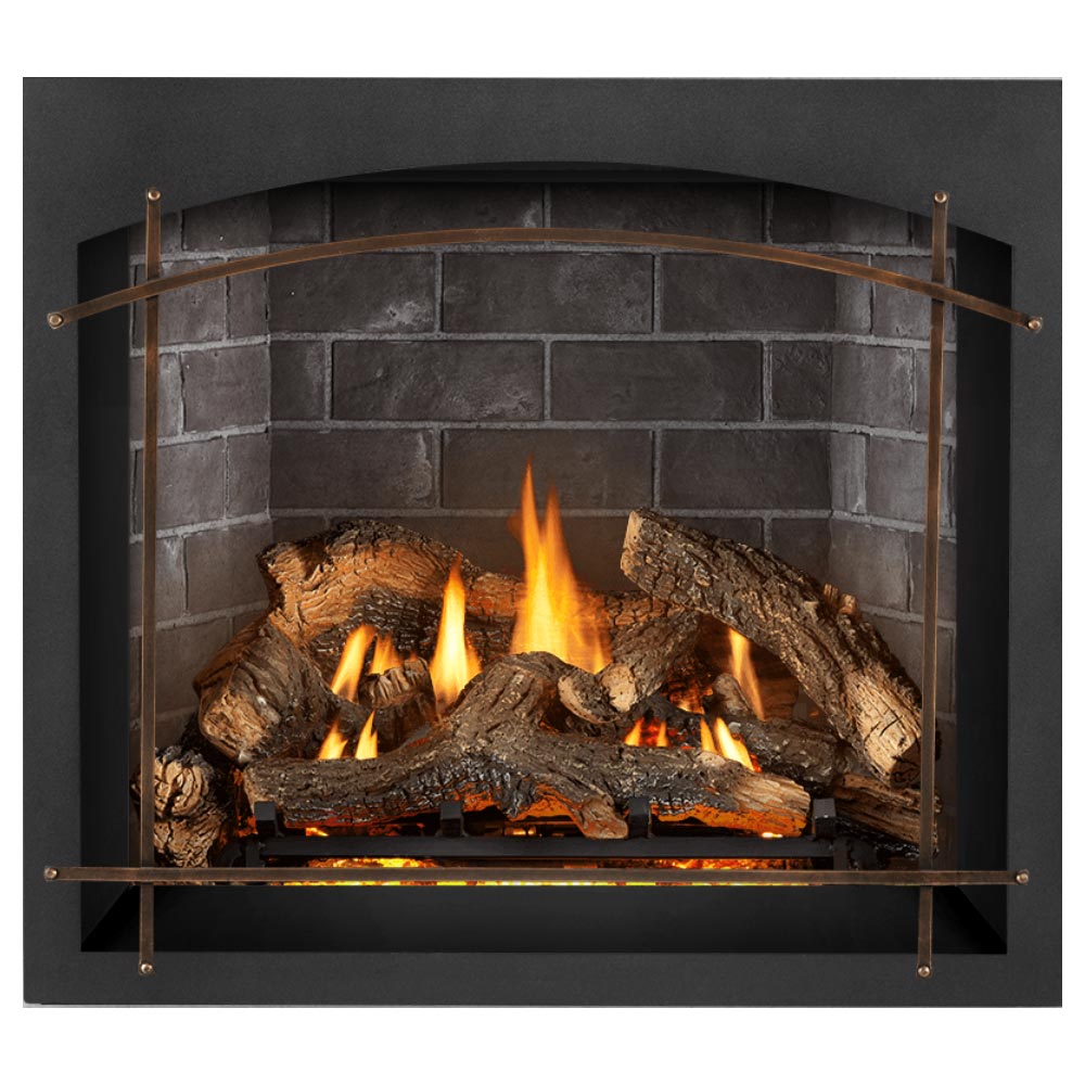 Direct vent gas fireplace with black surround, silver arched grate, and glowing fire logs
