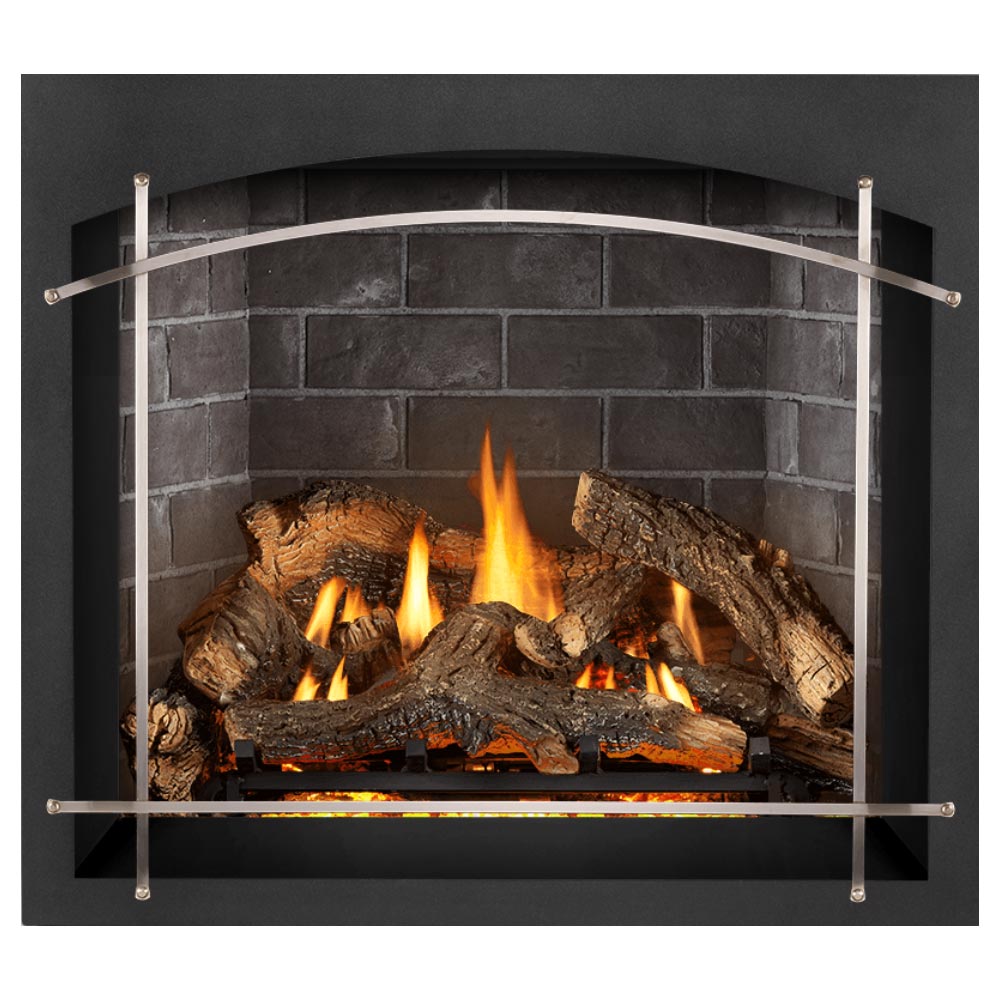 Direct vent gas fireplace with black surround, arched silver grate, and burning log set