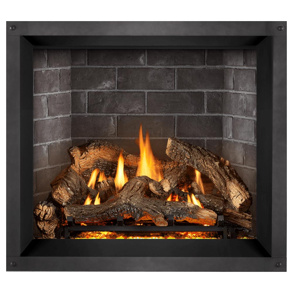 Direct vent gas fireplace with dark frame, burning logs and orange flames in gray stone
