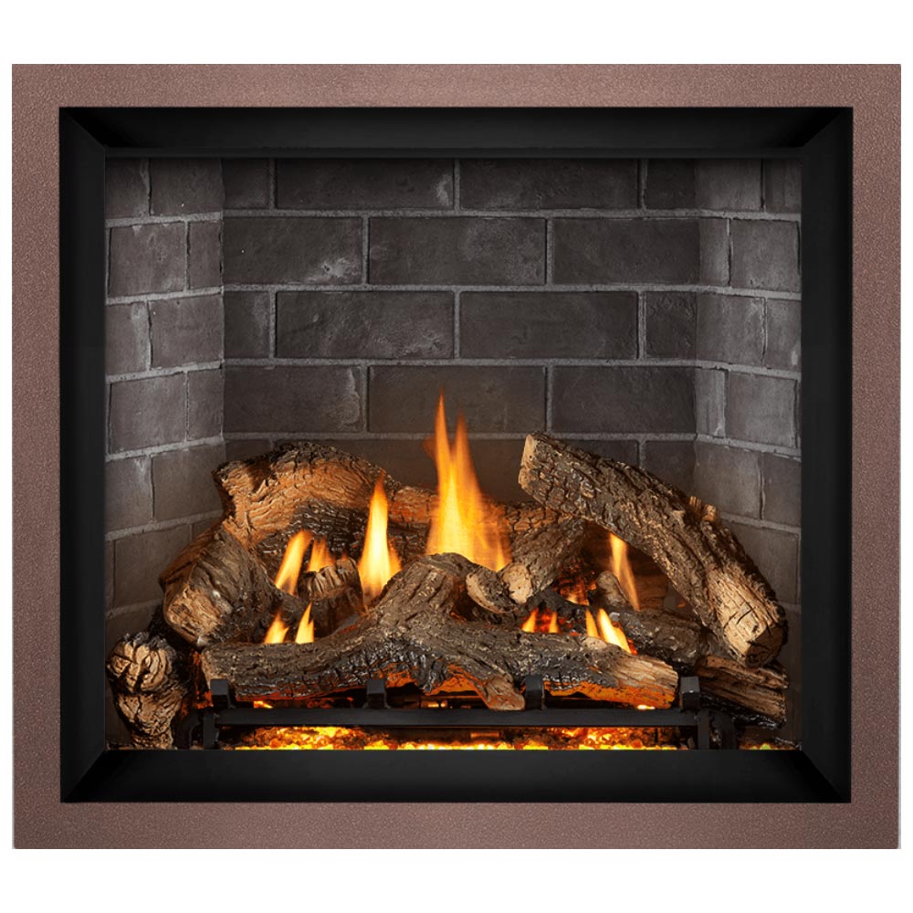 Direct vent gas fireplace with dark surround and burning logs against gray brick back