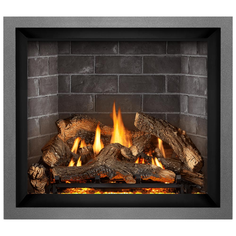 Direct vent gas fireplace with black surround, ember bed and burning logs in the firebox