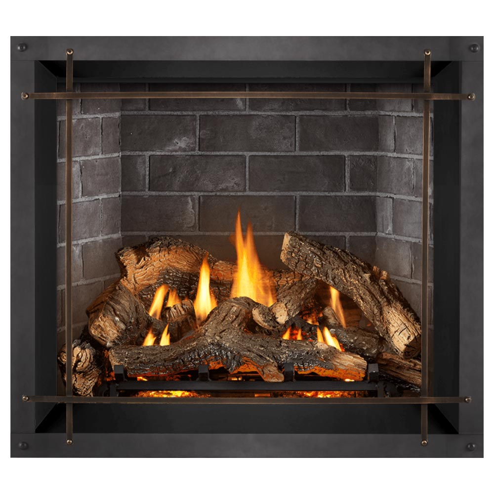 Direct vent gas fireplace with black surround, gray brick back, and arched silver fire grate