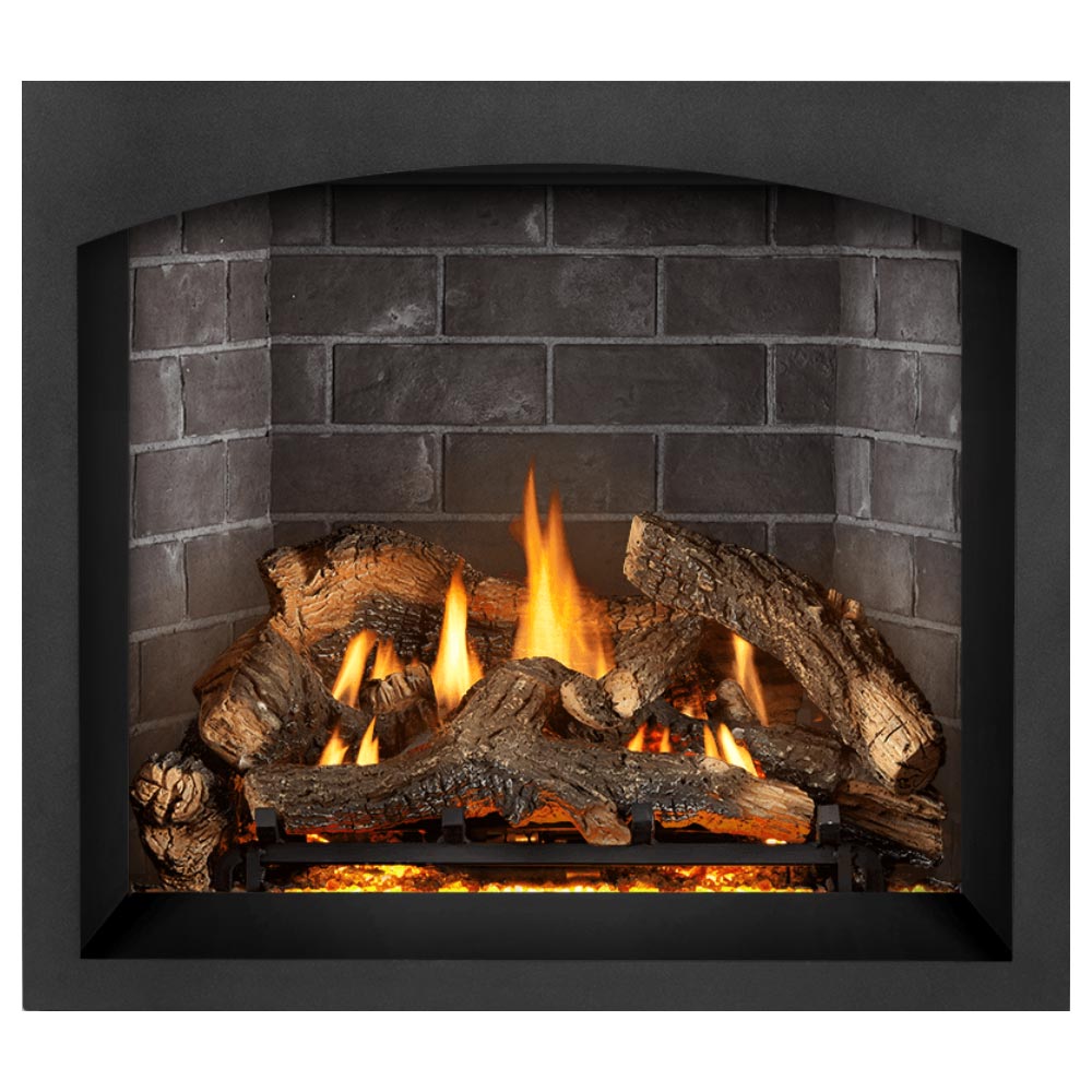 Gas fireplace with burning logs and flames, dark gray brick firebox interior