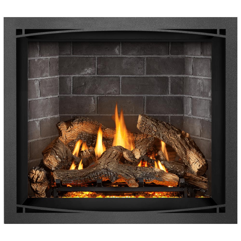 Direct vent gas fireplace with burning logs and embers in a dark stone back panel