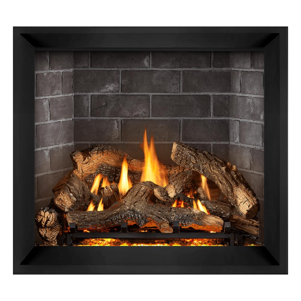 Direct vent gas fireplace with gray brick back, glowing logs and orange flames
