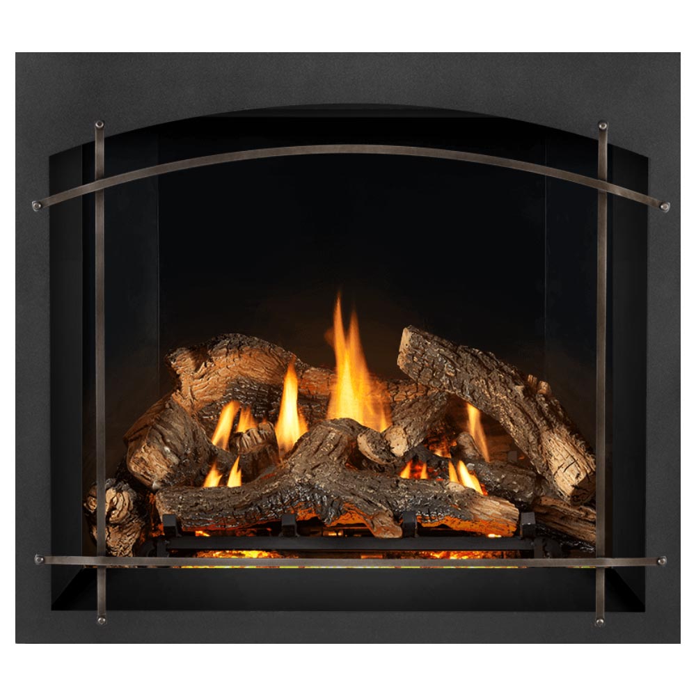 Direct vent gas fireplace with arched light metal trim over burning logs and orange flames