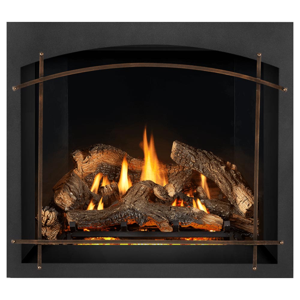 Black direct vent gas fireplace insert with arched frame and burning log fuel bed