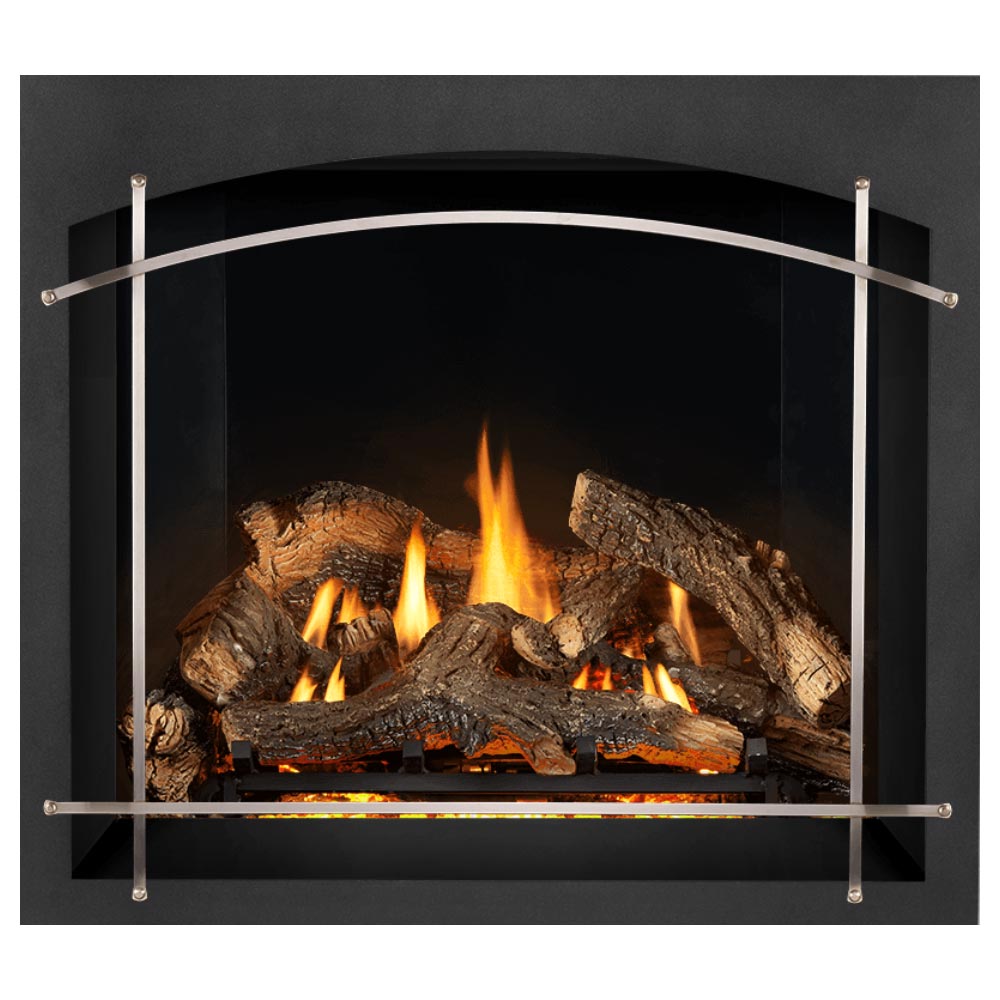 Direct vent gas fireplace with arched light metal trim, glowing logs, and orange flames