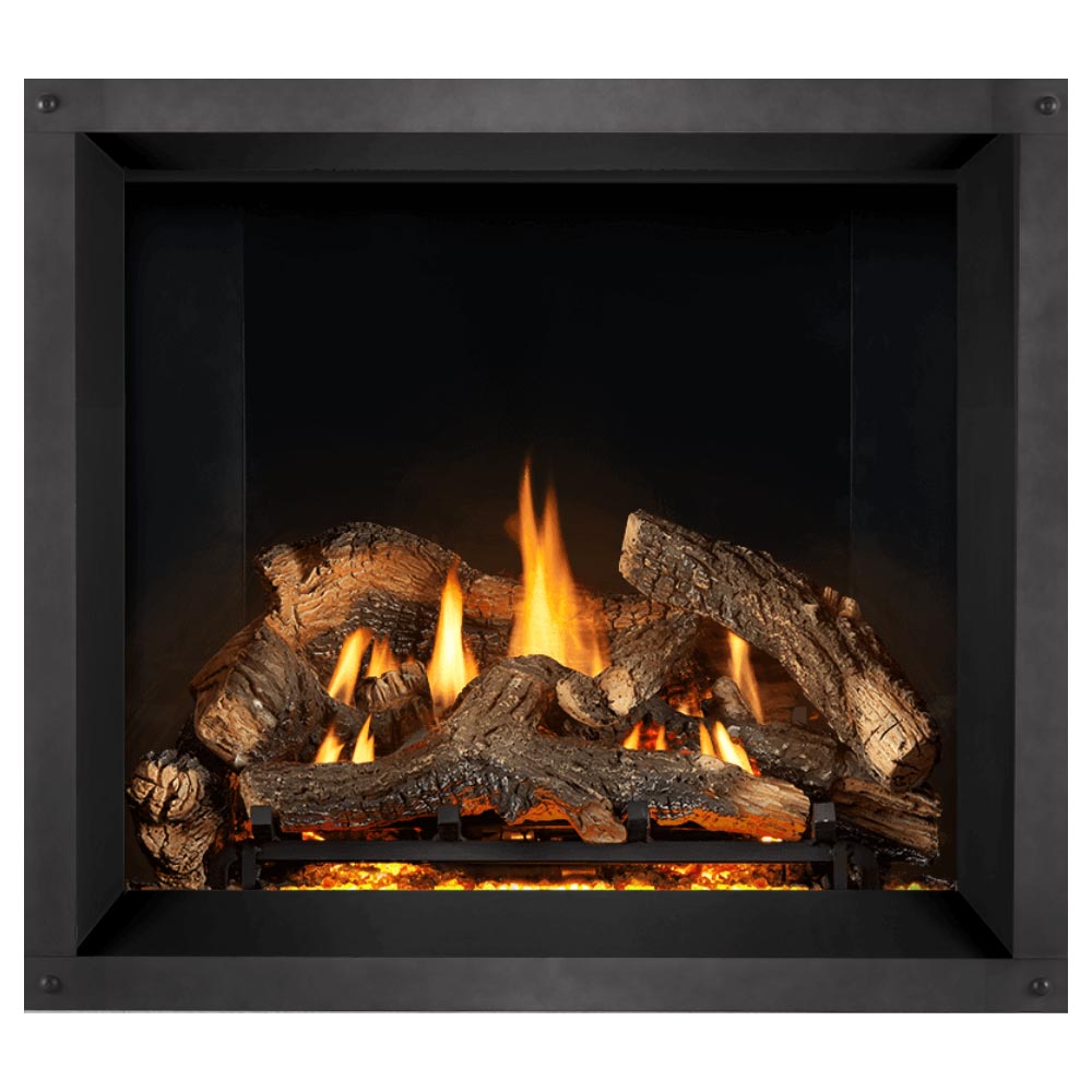 Direct vent gas fireplace with dark frame, burning logs and orange flames in dark interior