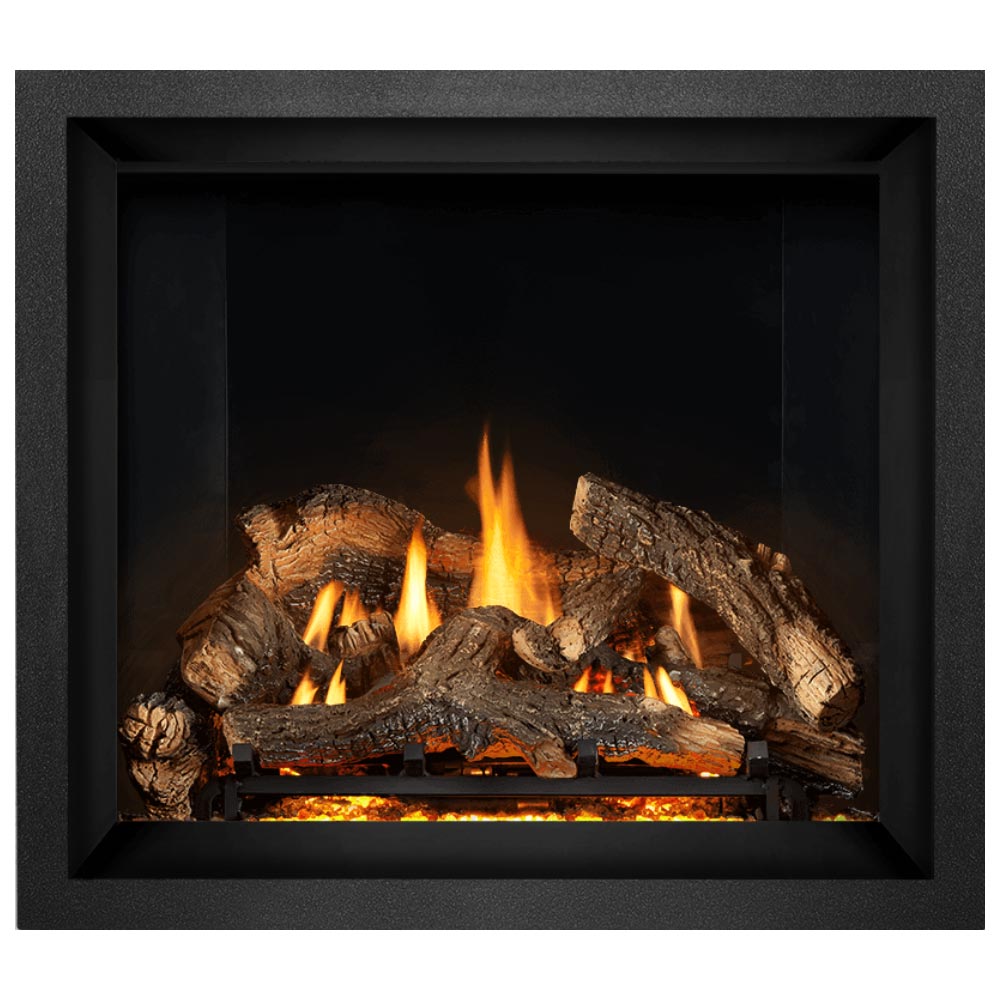 Direct vent gas fireplace with burning logs and bright orange flames in black firebox