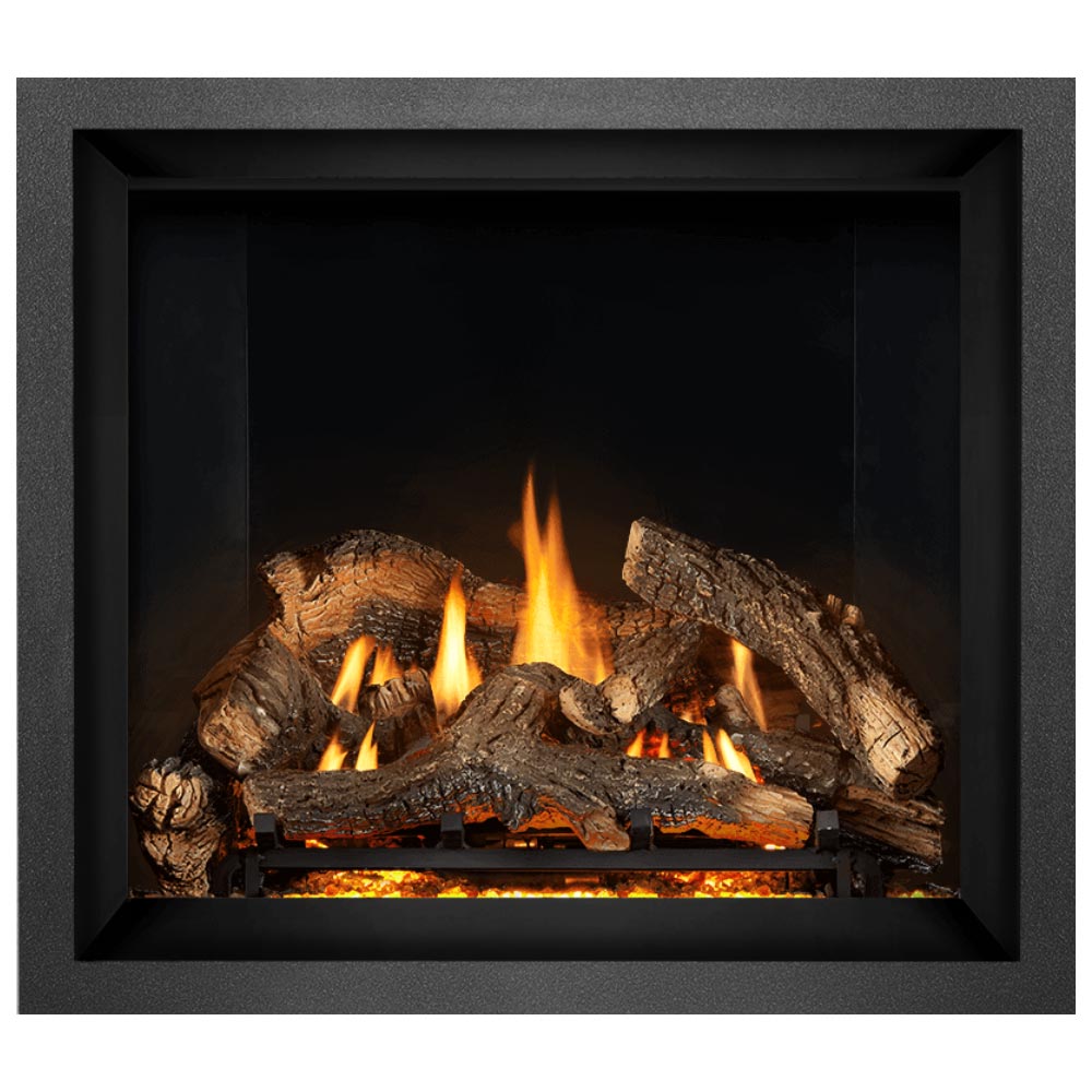 Gas fireplace insert with charred logs and orange flames in a dark metal surround