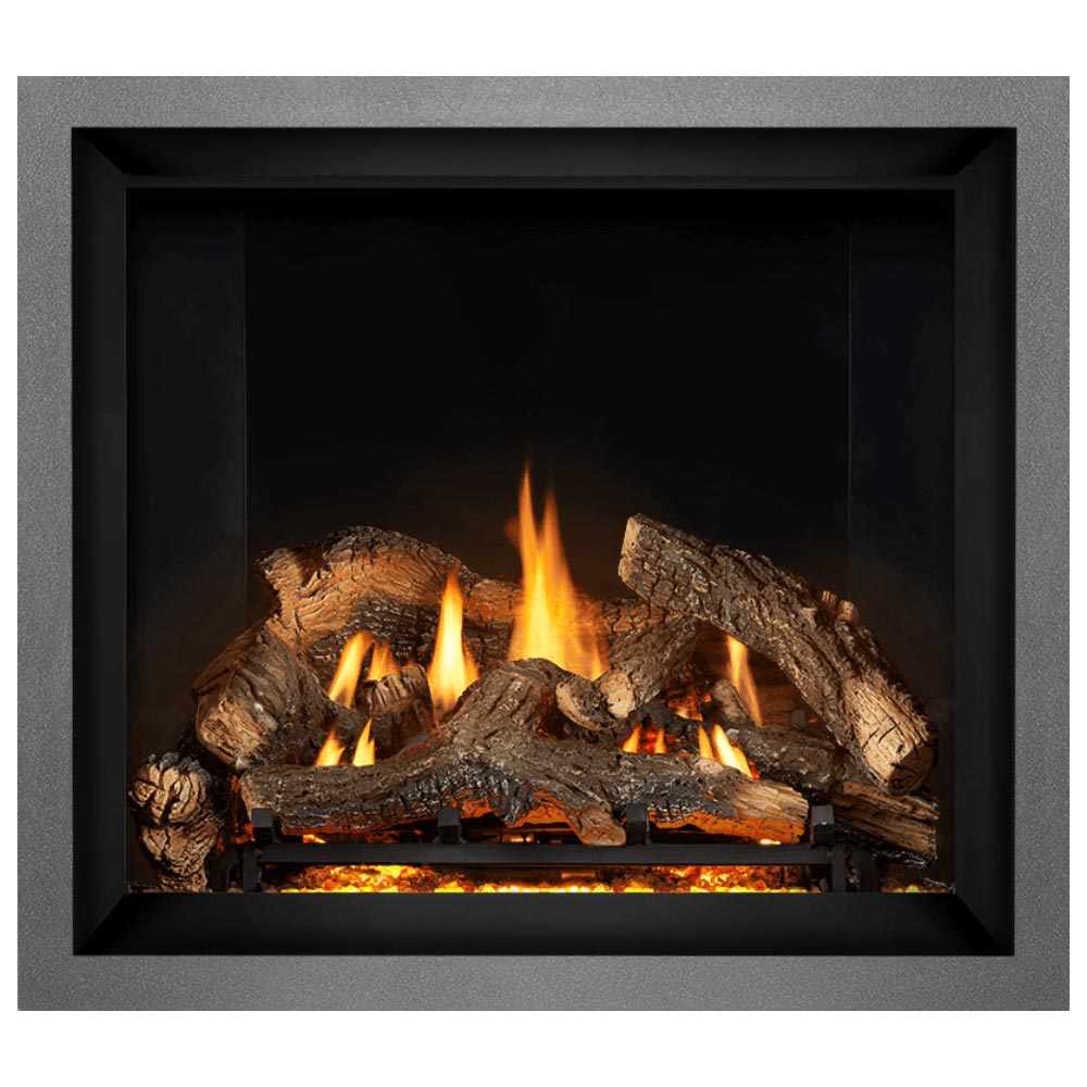 Black gas fireplace with burning log set and glowing embers