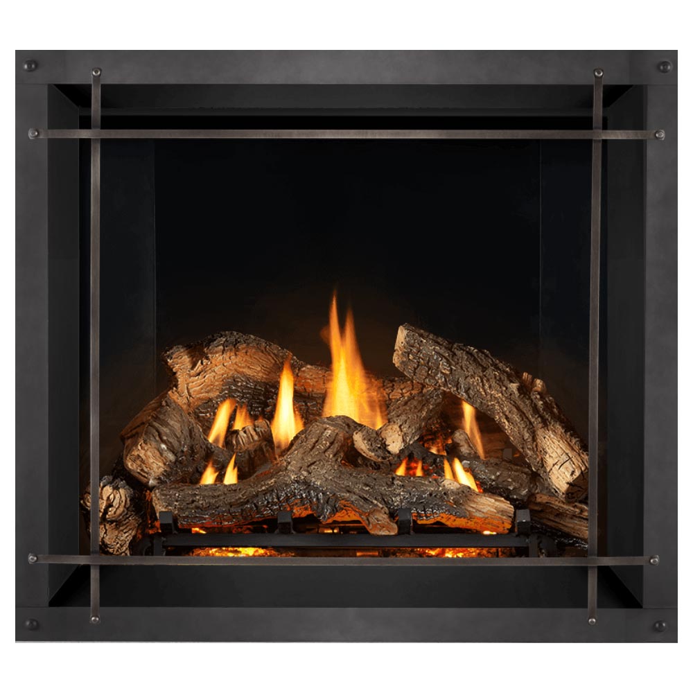 Direct vent gas fireplace with dark metal surround and burning logs with orange flames