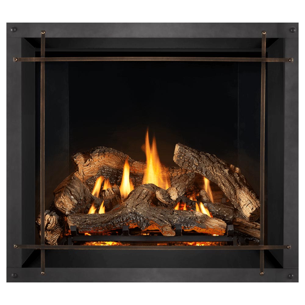 Direct vent gas fireplace with dark metal frame and burning logs with orange flames