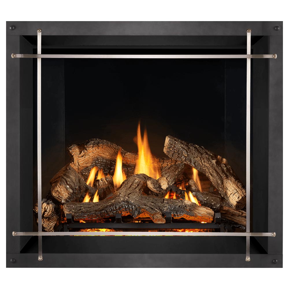 Direct vent gas fireplace with dark metal frame, glowing logs, orange flames, and arched trim