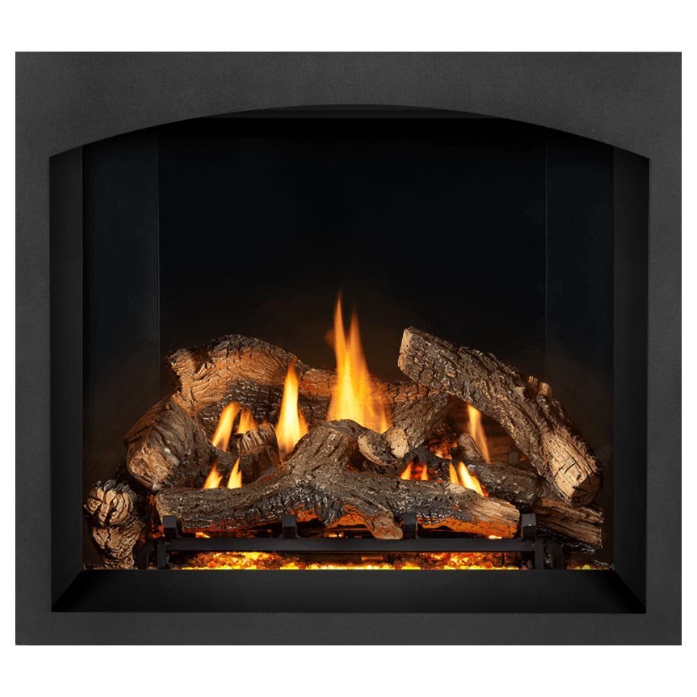 Black direct vent gas fireplace with burning log set and glowing embers