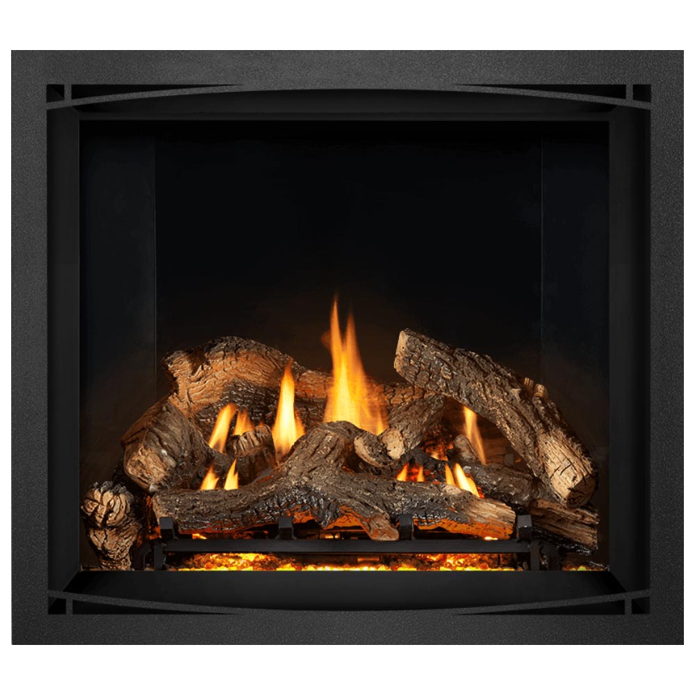 Direct vent gas fireplace with burning wood logs and glowing embers, flames rising inside black frame