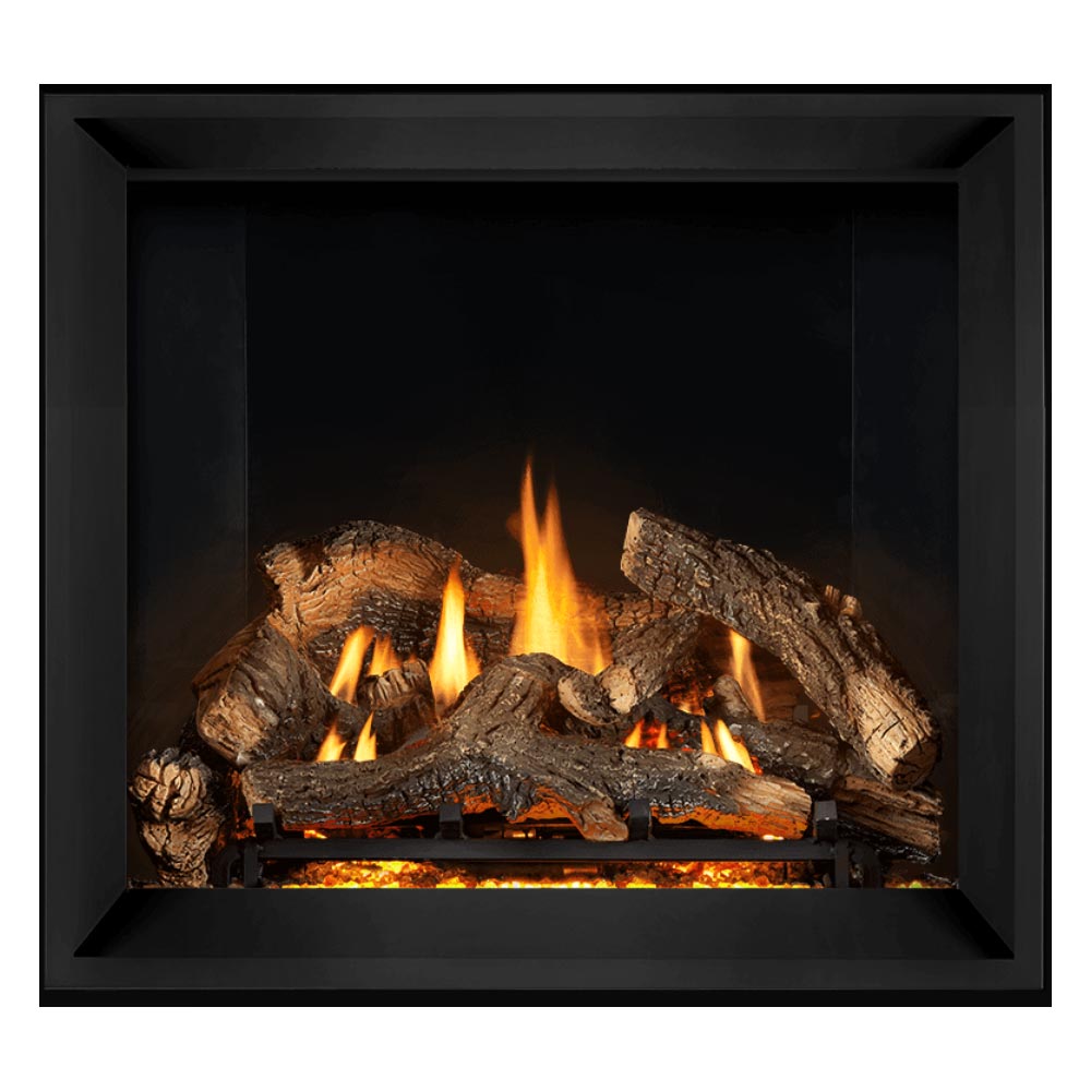 Direct vent gas fireplace with dark interior, glowing logs and orange flame flames