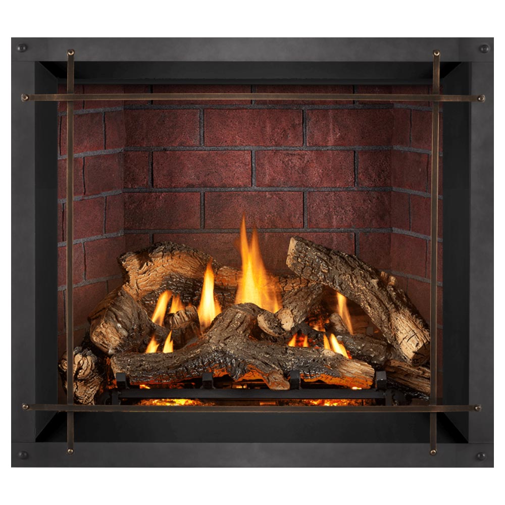 Direct vent gas fireplace showing dark metal frame, glowing logs, and steady orange flames