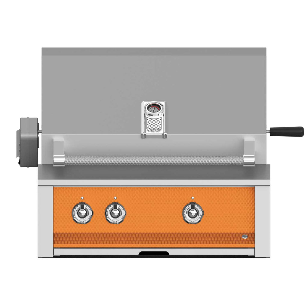 Built-in gas grill with stainless frame, orange front panel, three control knobs, side handle