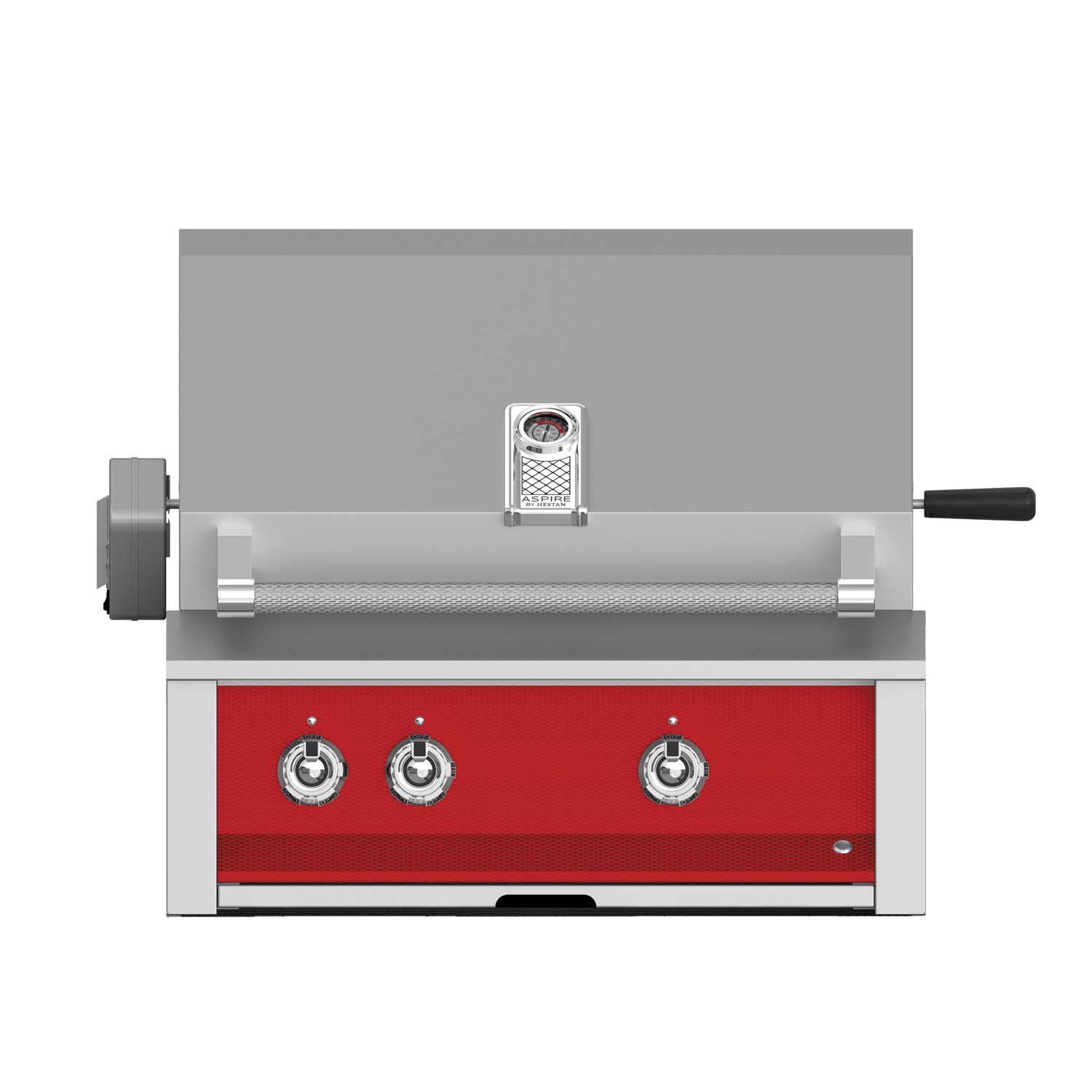 Built-in gas grill with stainless frame, red front panel, three control knobs, side handle