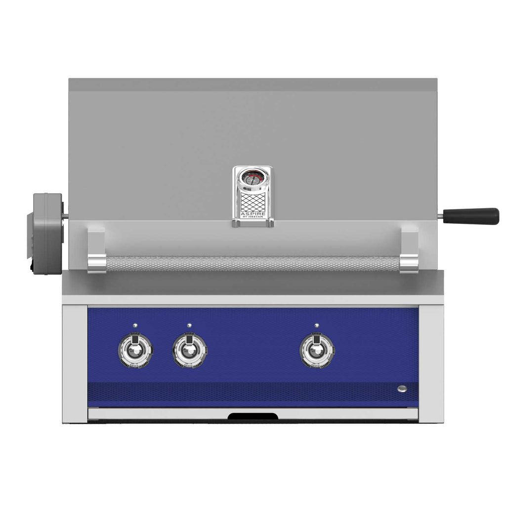 Built-in gas grill with stainless frame, blue front panel, three control knobs, side handle