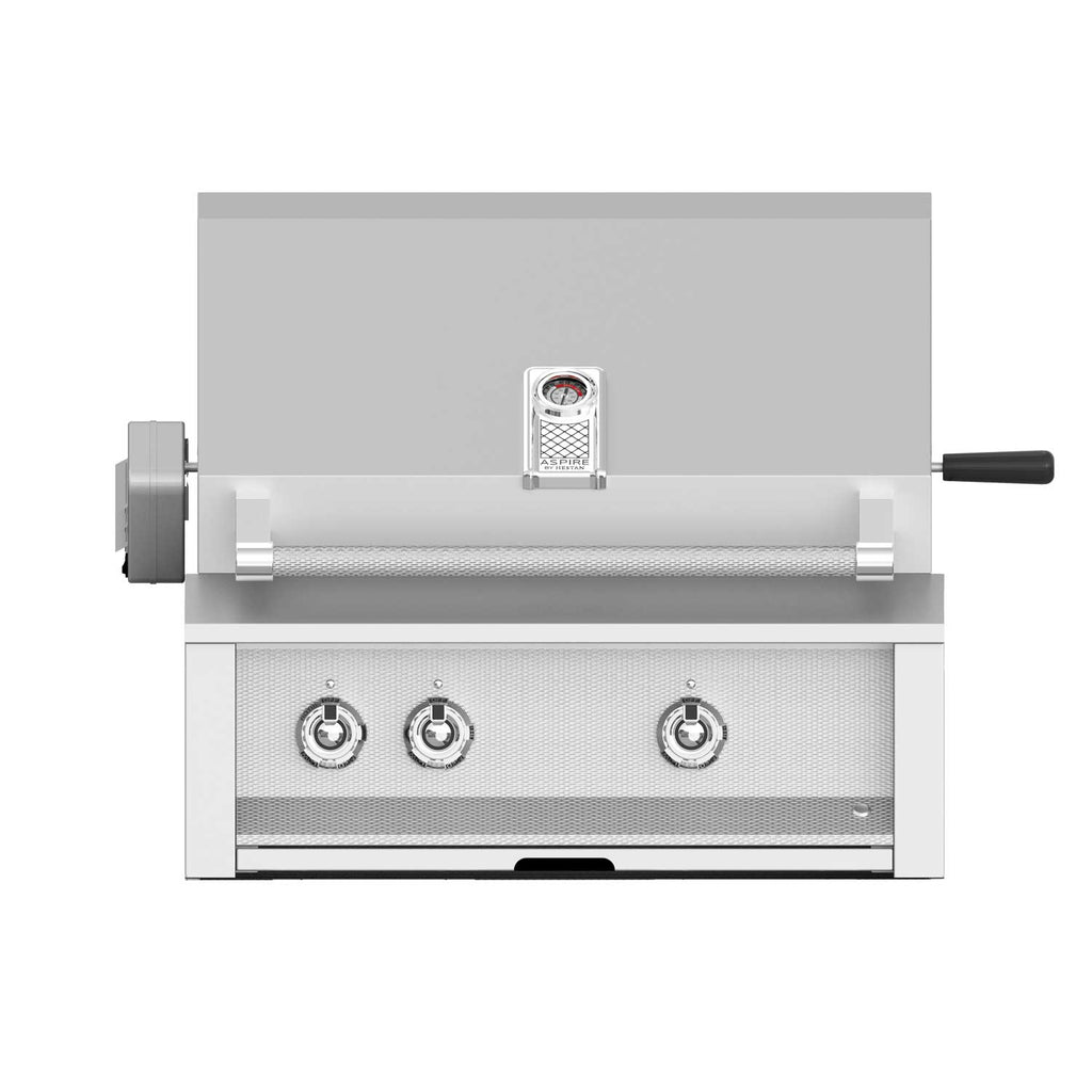 Built-in gas grill front with three chrome control knobs and mesh burner panel