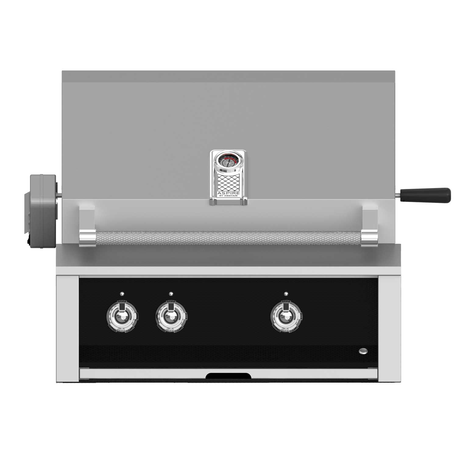Built-in gas grill with black control panel, three chrome knobs, and stainless hood
