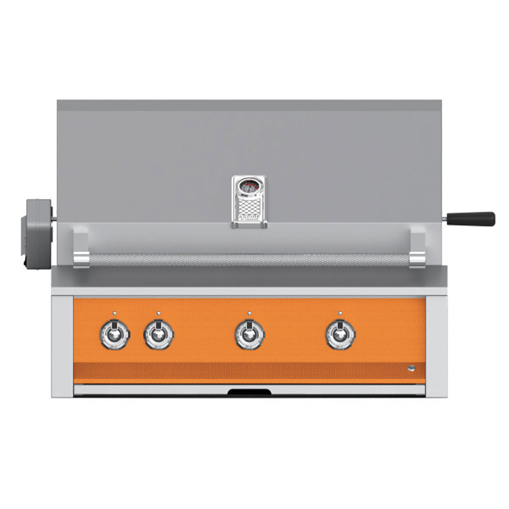 Built-in gas grill with orange front panel and four round control knobs