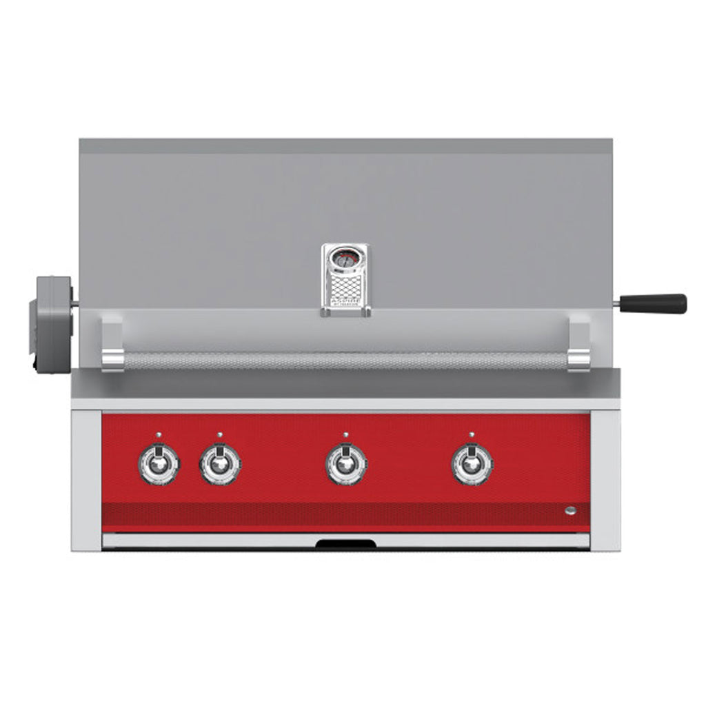 Built-in gas grill front with red control panel, three knobs, and metal warming area