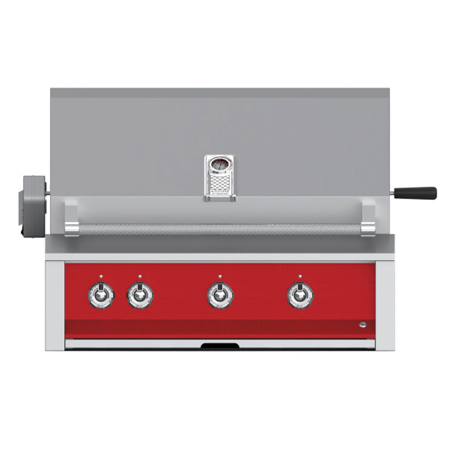 Built-in gas grill front with red control panel, three knobs, and metal warming area