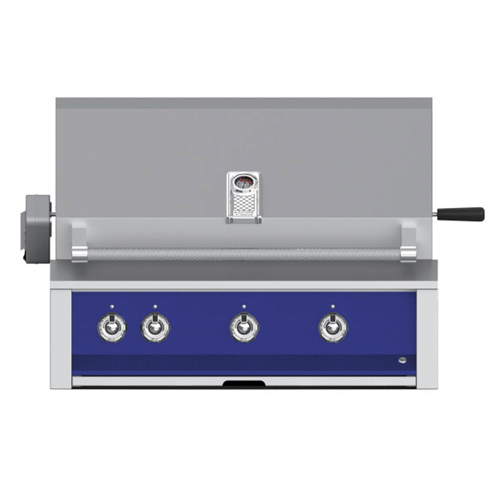 Built-in gas grill with blue front panel and four round control knobs
