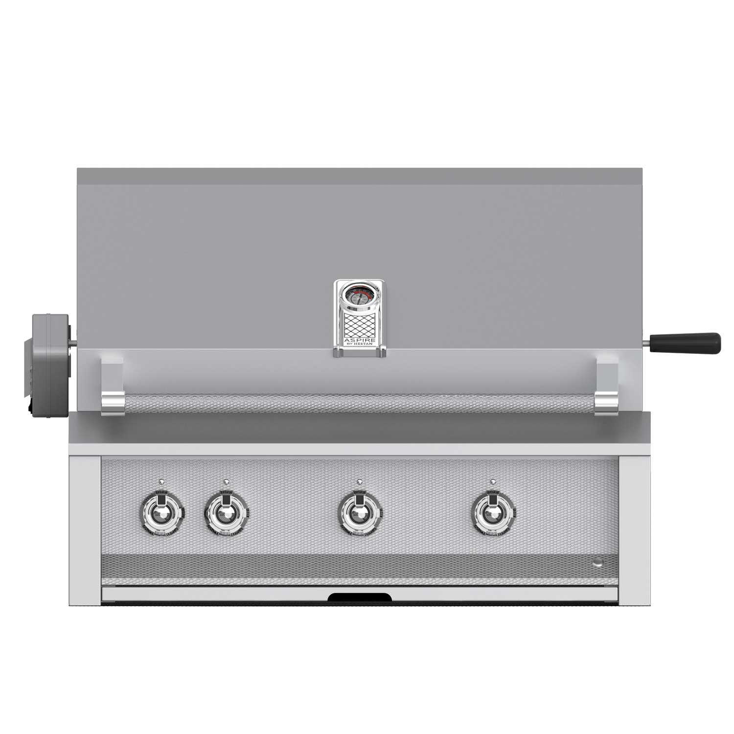 Built-in gas grill with stainless front panel, four control knobs, and side ignition housing
