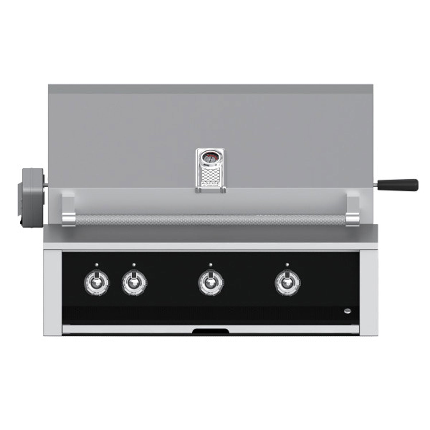 Built-in gas grill with stainless front, four control knobs, and side ignition housing