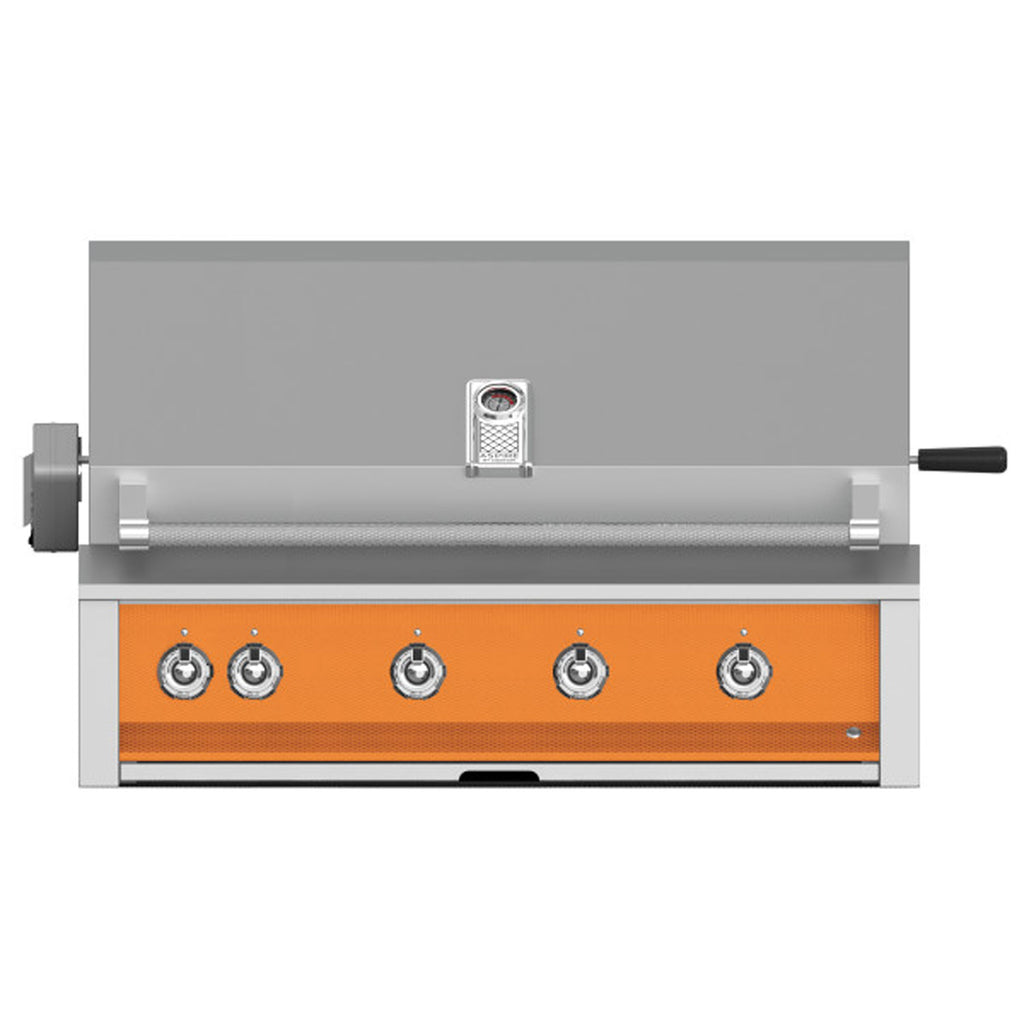 Built-in gas grill front with four burners, four control knobs, and orange panel