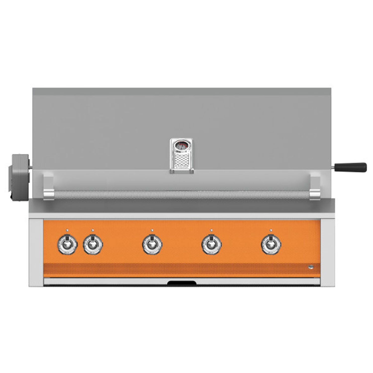 Built-in gas grill front with four burners, four control knobs, and orange panel
