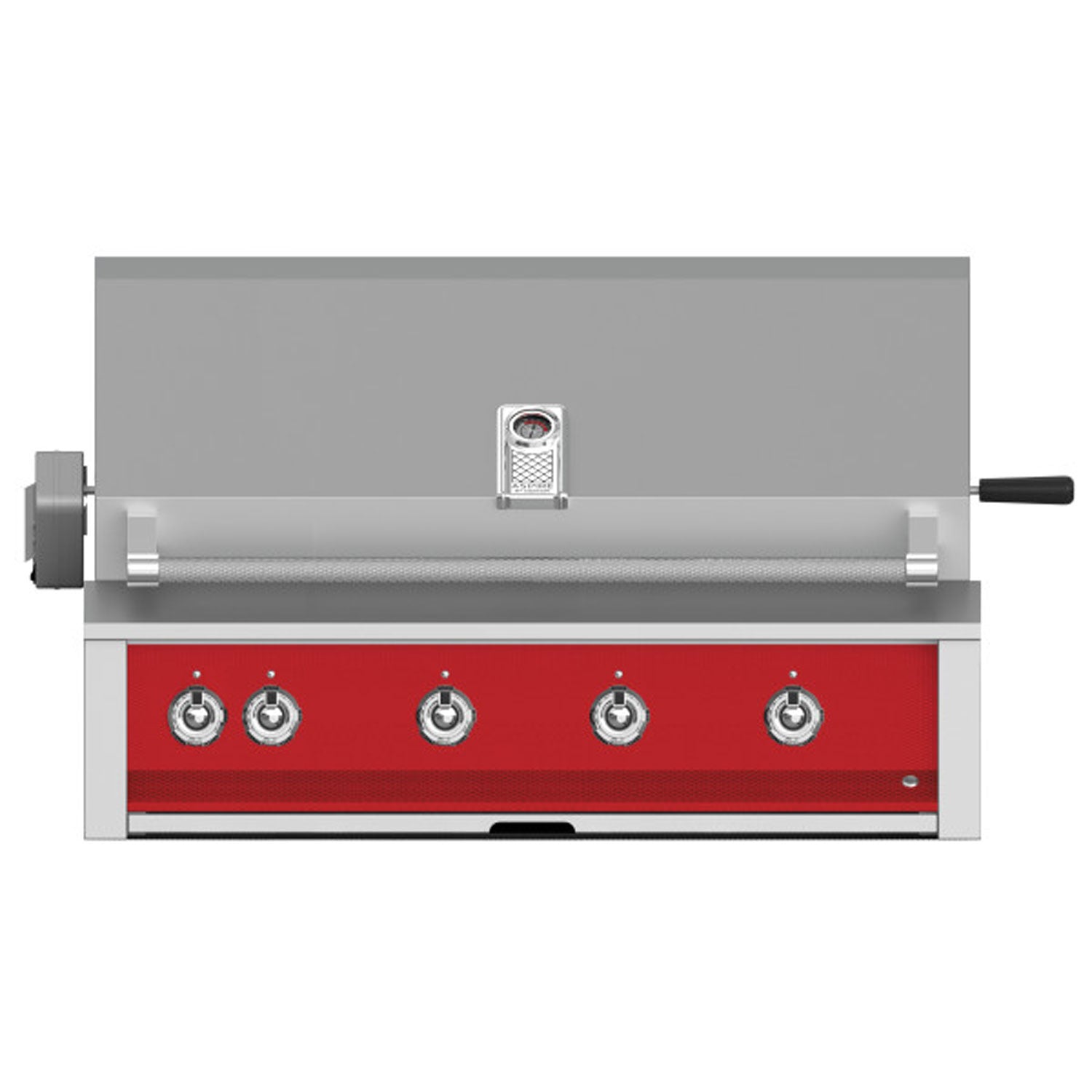 Built-in gas grill with four burner knobs on a red control panel and stainless bar