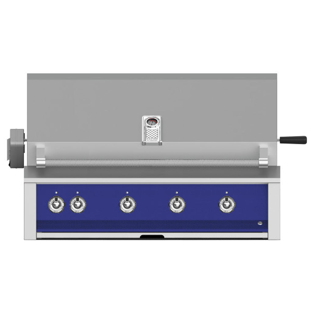 Built-in gas grill front view with four burners, four control knobs, and blue panel
