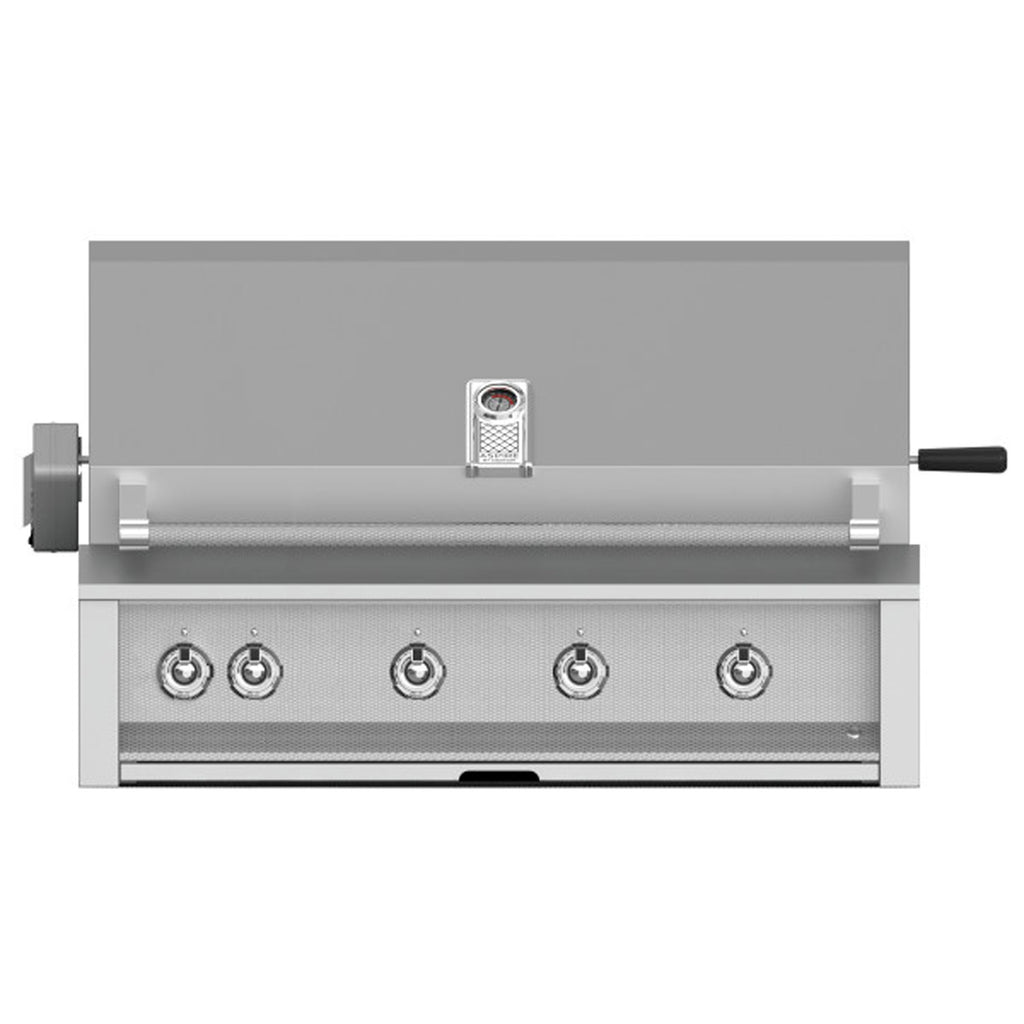 Built-in gas grill front view with control knobs and side handle on the control panel.